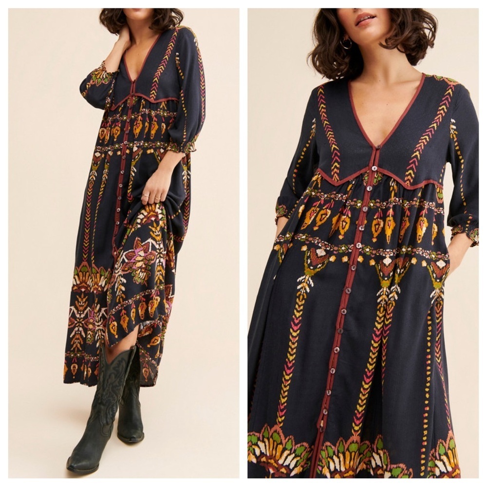 Free People Boho Floral Midi Dress Western Prairie Festival Maxi 36183